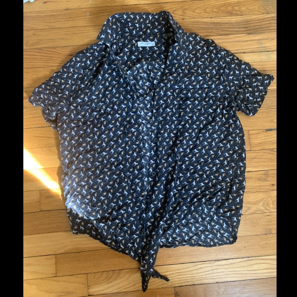 Equipment silk blend camp collar tie front top with animal print